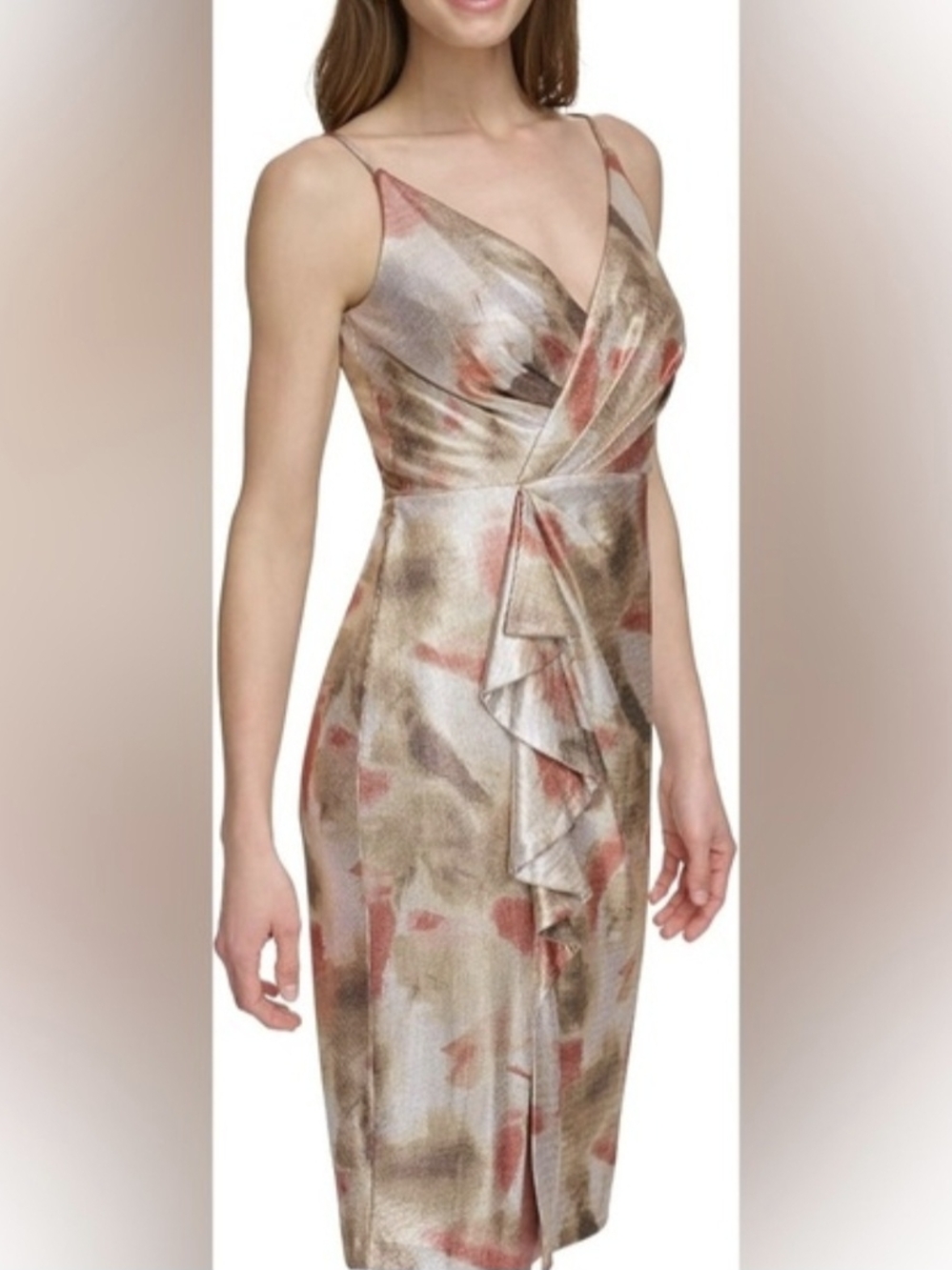 Eliza J Metallic Neutral Floral Midi Dress with Ruffle Front